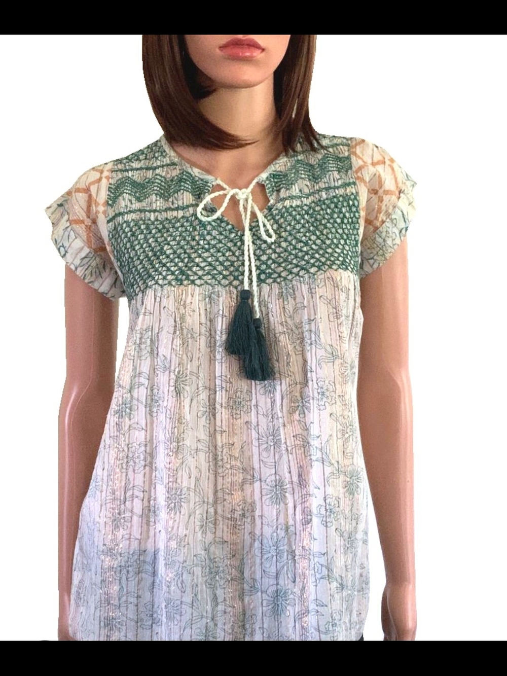 RACHEL Rachel Roy Green Smocked Floral Peasant Blouse with Tassel